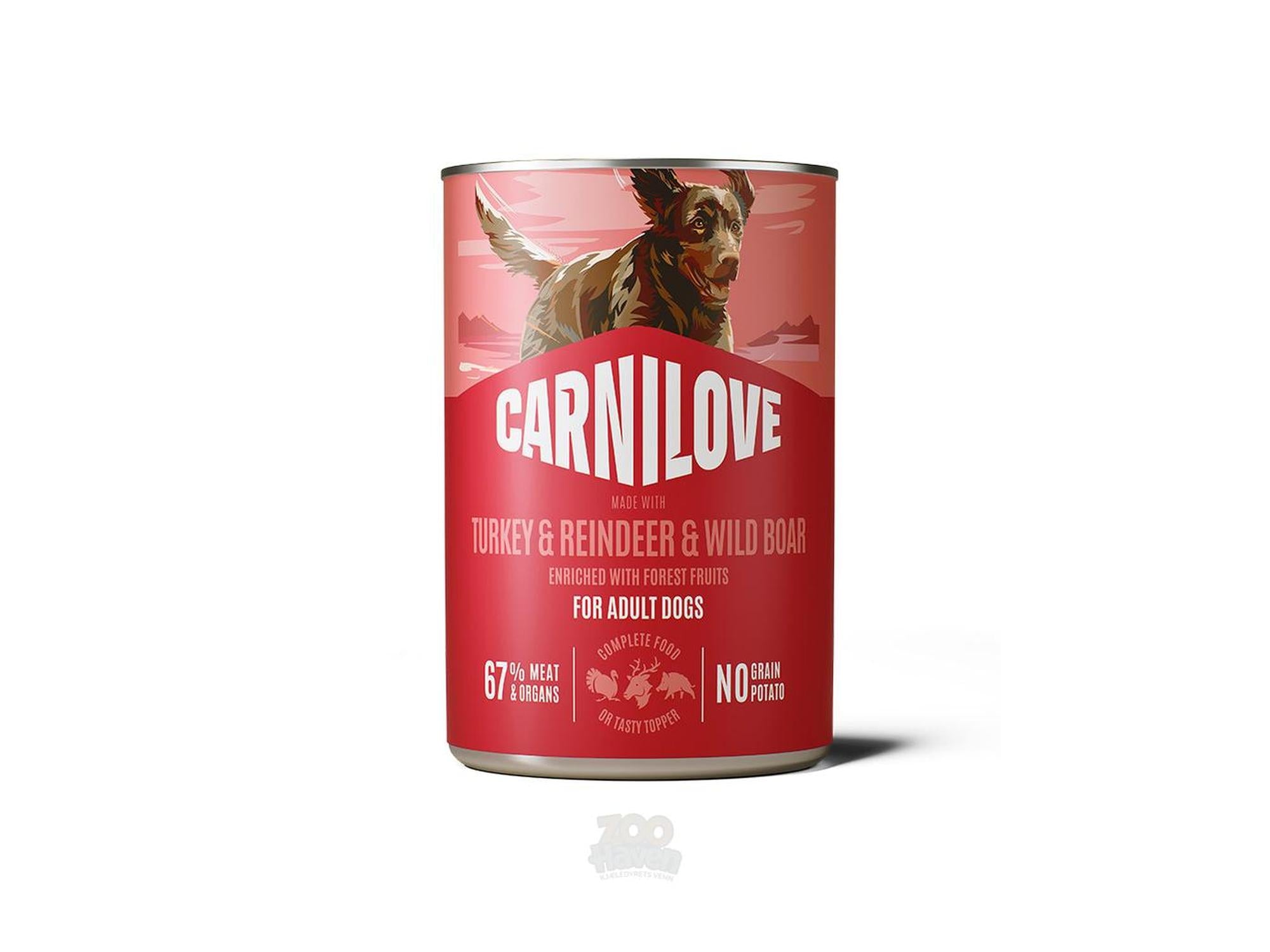 Carnilove Dog Can Paté Turkey, Reindeer & Wild Boar 400g, red and white label with a dog.