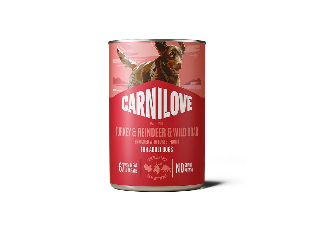 Carnilove Dog Can Paté Turkey, Reindeer & Wild Boar 400g, red and white label with a dog.
