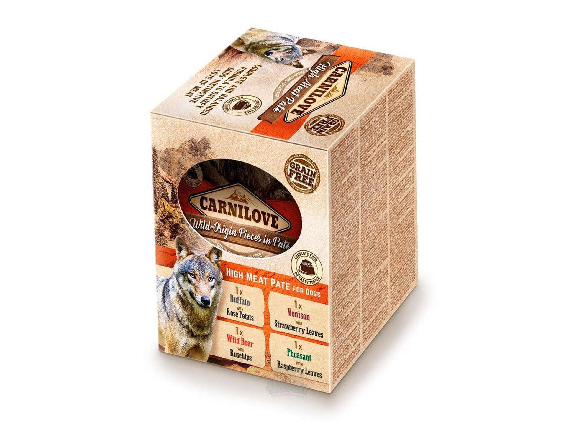 Carnilove Dog Pouch Paté Multipack 4 x 300g, brown box with wolf illustration and flavor list.