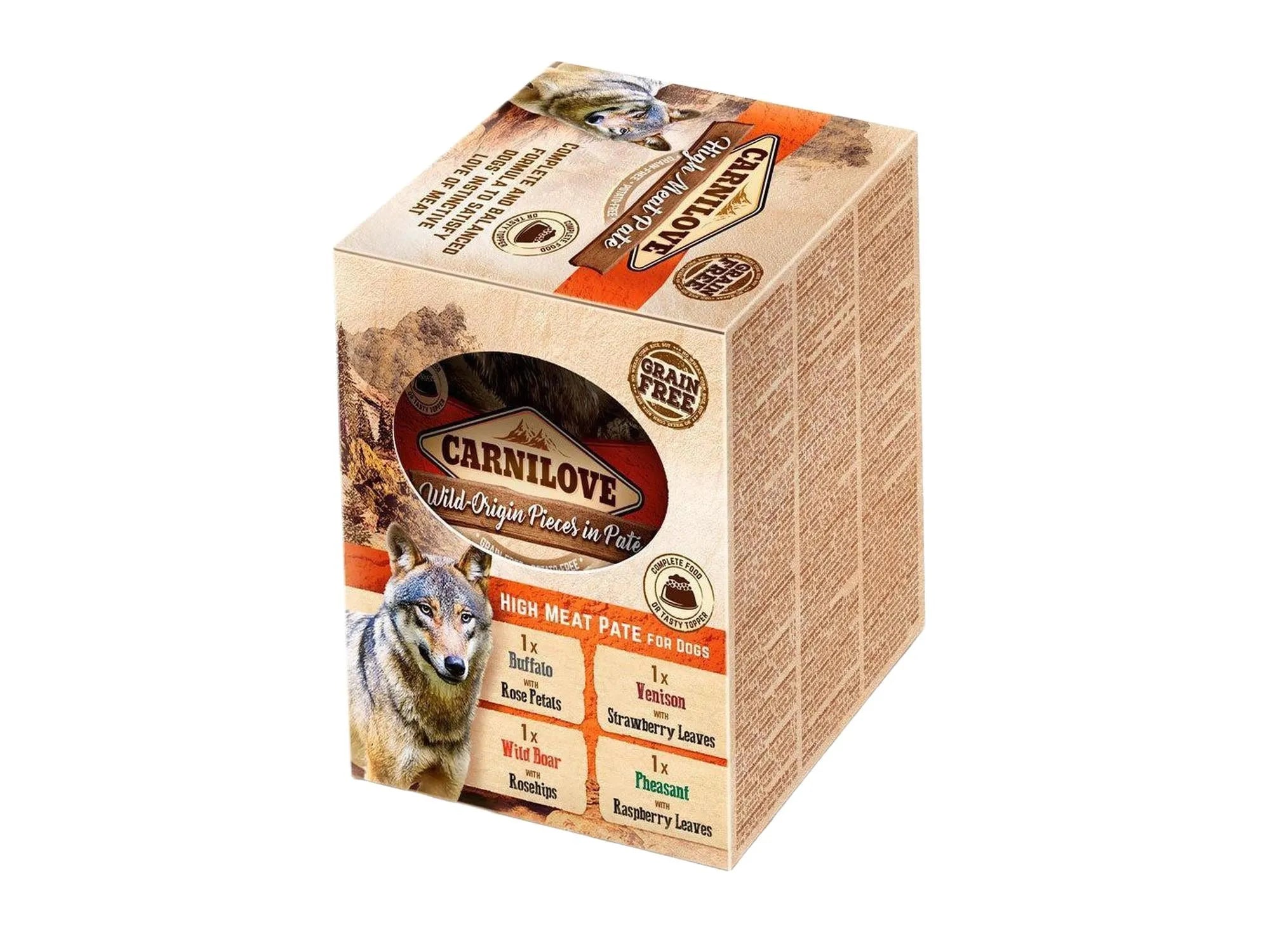 Carnilove Dog Pouch Paté Multipack 4 x 300g, brown box with wolf illustration and flavor list.