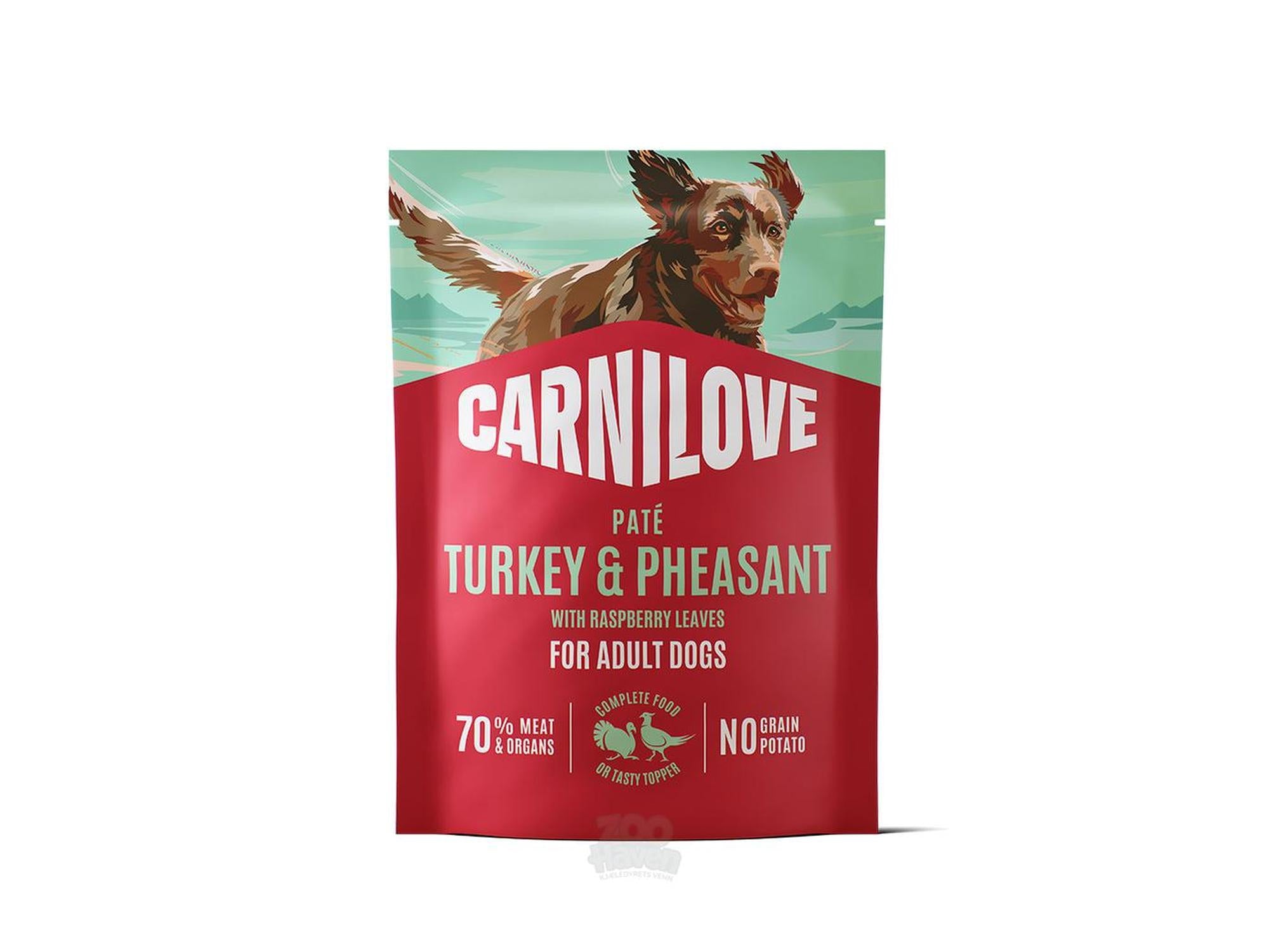 CL Dog Pouch Paté Turkey & Pheasant våtfôr i rød og hvit pose med hundemotiv.