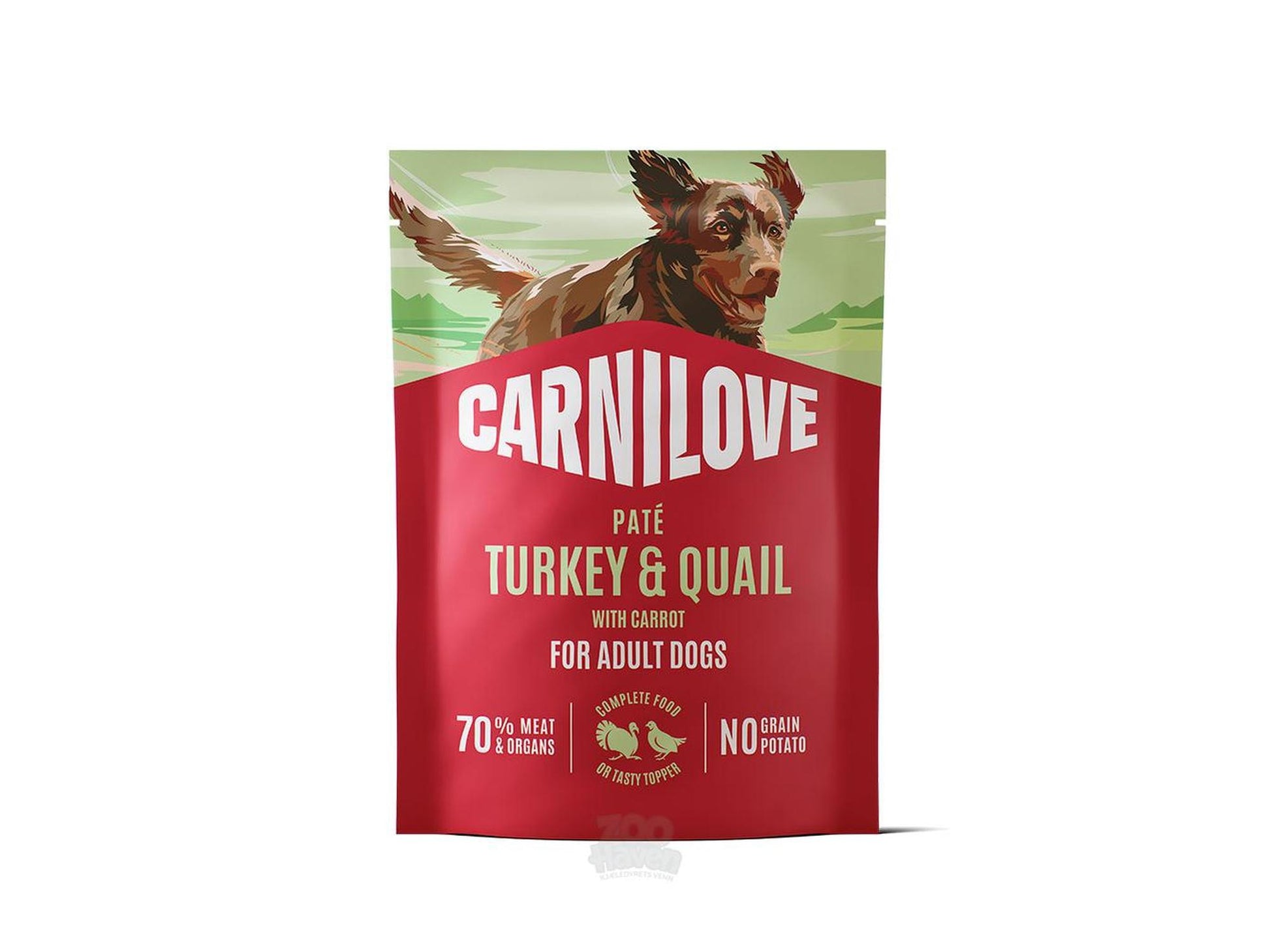 Carnilove Dog Pouch Paté Turkey & Quail with Yellow Carrot 300g, featuring a brown dog on the label.