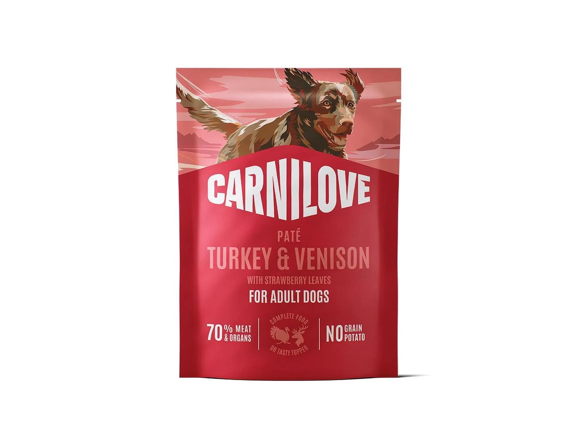 Carnilove Dog Pouch Paté Turkey & Venison with Strawberry Leaves 300g, red packaging with dog.