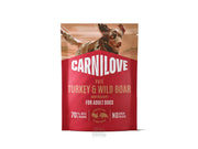 Carnilove Dog Pouch Paté Turkey & Wild Boar with Rosehips 300g, red and white packaging.