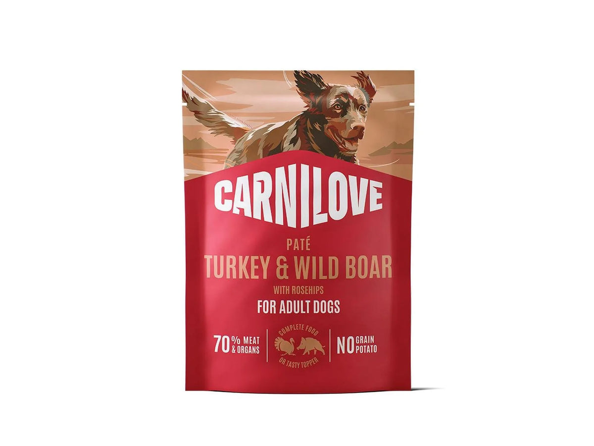 Carnilove Dog Pouch Paté Turkey & Wild Boar with Rosehips 300g, red and white packaging.