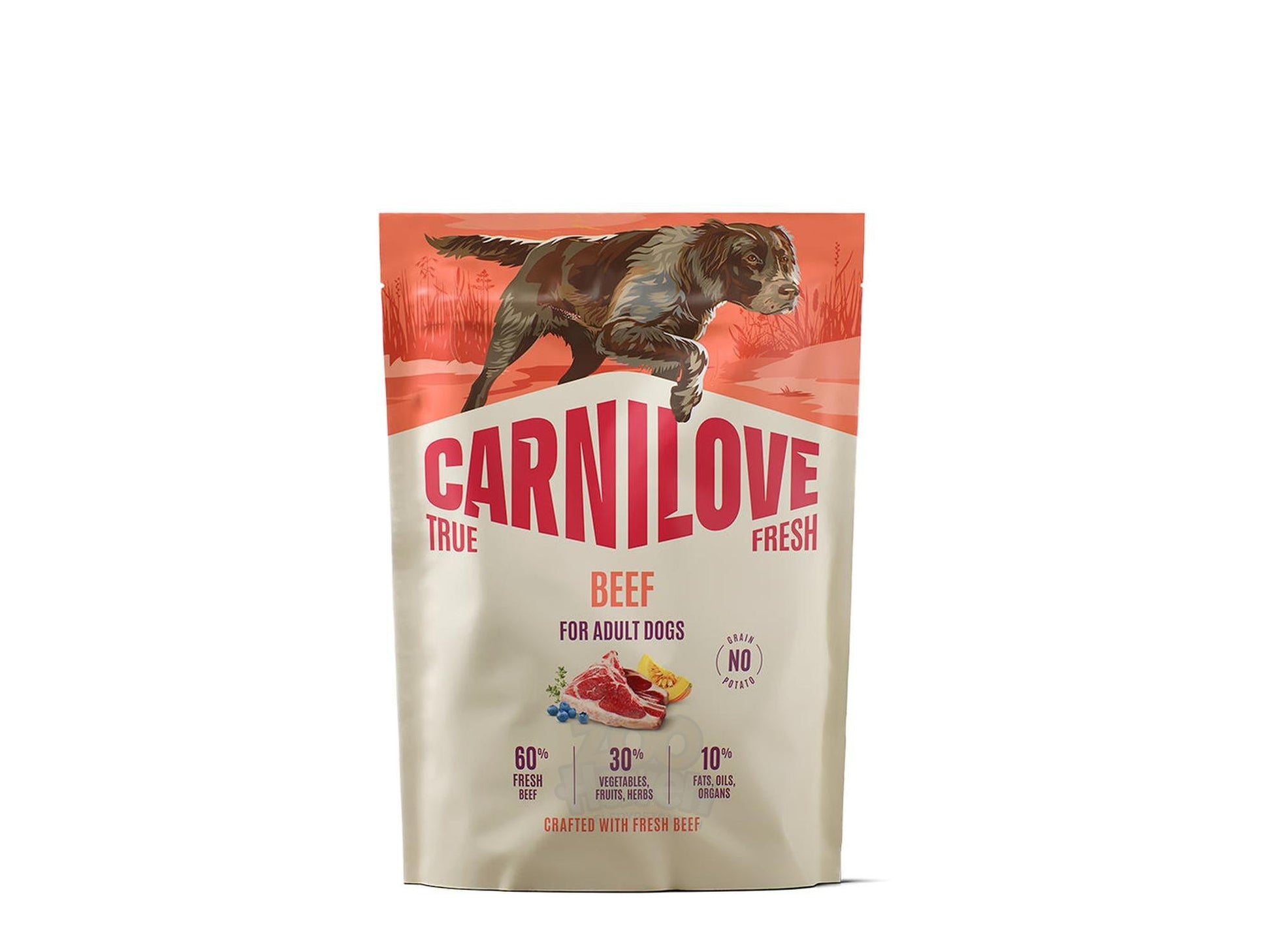 Carnilove True Fresh Beef hundefôrpose med en brun hund, storfekjøtt, grønnsaker og "Grain No Potato" logo.