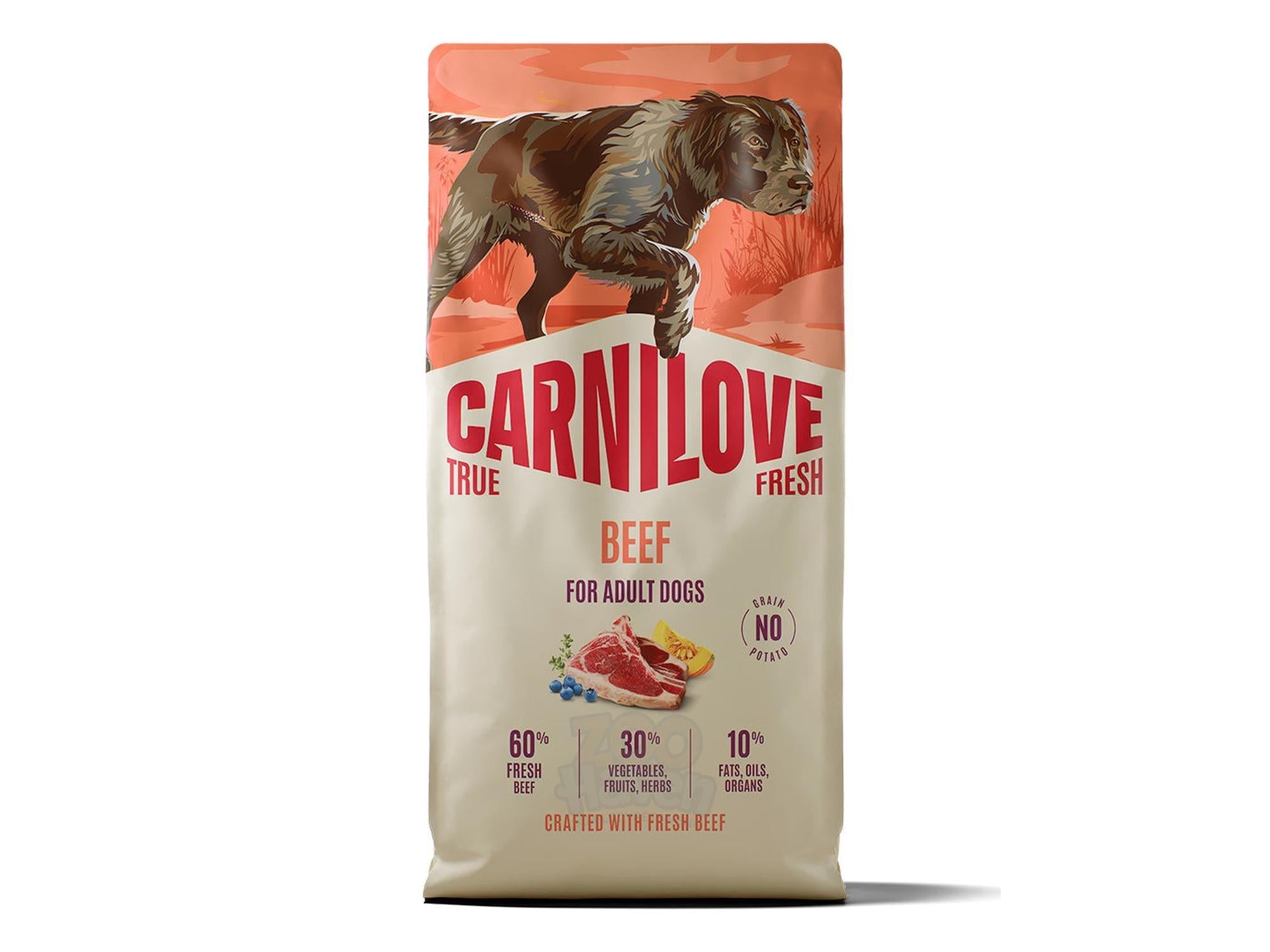 Carnilove True Fresh Beef hundefôr i stor pose med bilde av hund, storfekjøtt og grønnsaker.
