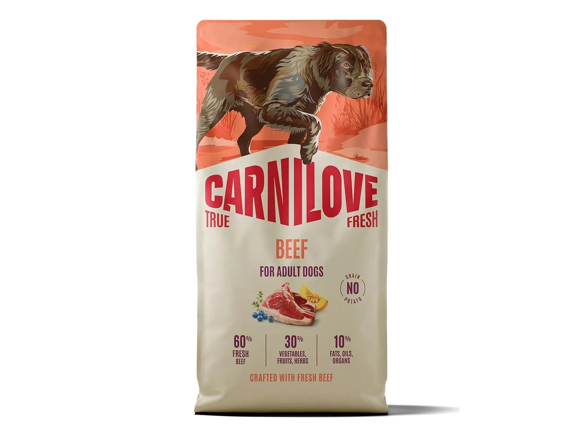 Carnilove True Fresh Beef hundefôr i stor pose med bilde av hund, storfekjøtt og grønnsaker.