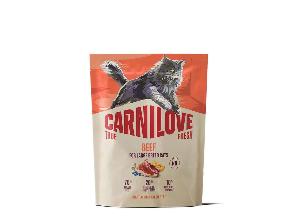 Carnilove True Fresh Beef tørrfôr for store katter, beige pose med grå katt og rødt design.