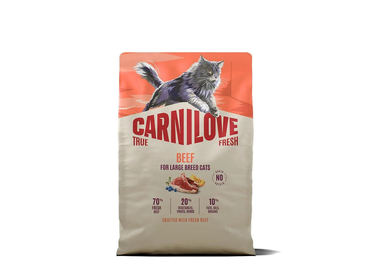 Carnilove True Fresh Beef for Adult Large Breed Cats tørrfôr i beige pose med grå katt og røde detaljer.