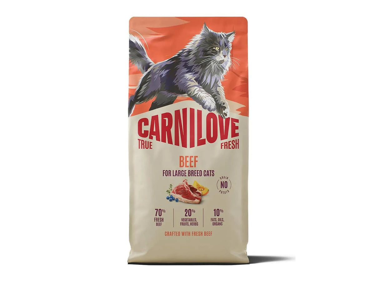 Carnilove True Fresh Beef tørrfôr for store katter, med illustrasjon av katt og ingredienser.