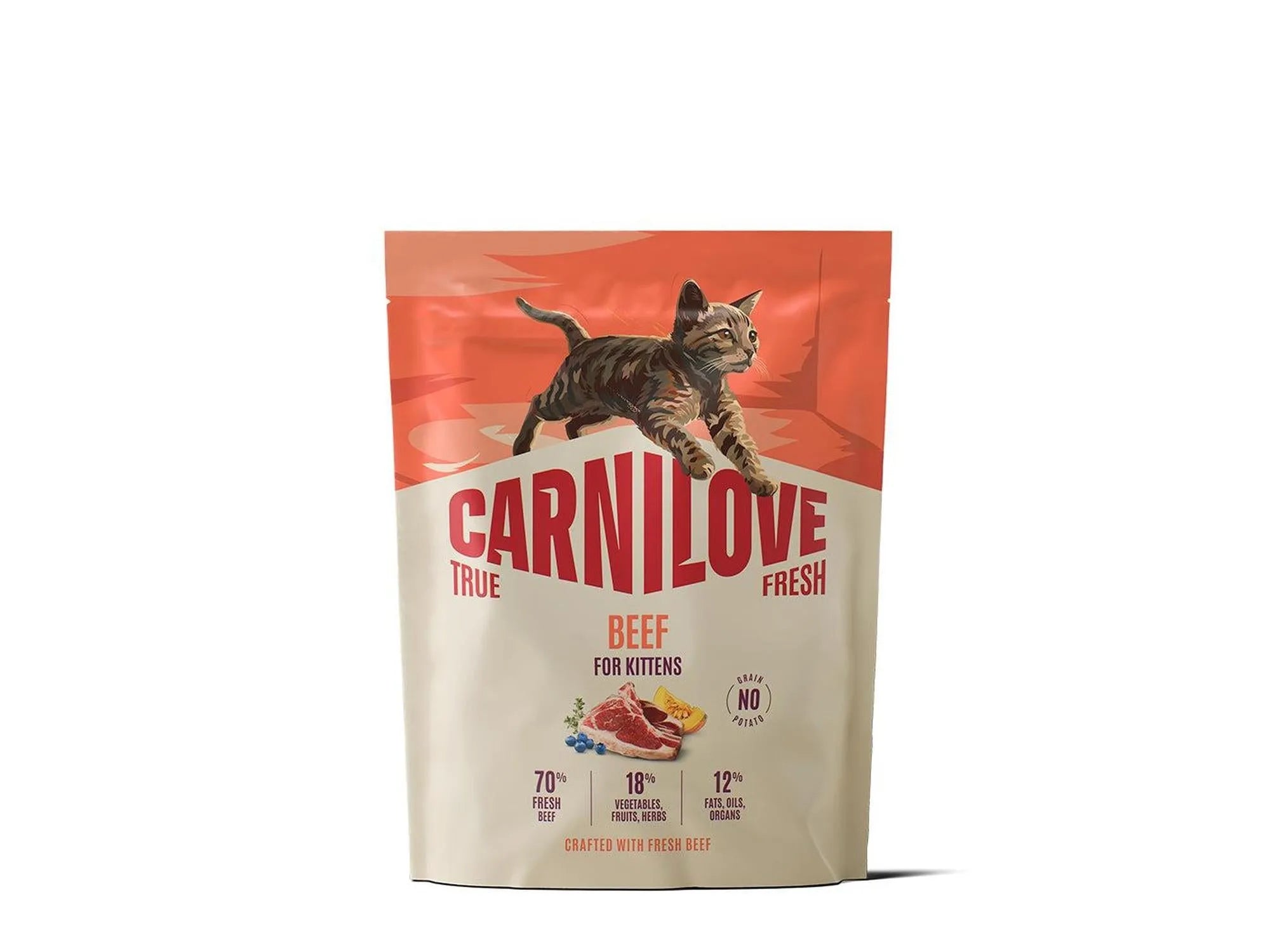 Carnilove True Fresh Beef for Kittens tørrfôr i oransje og kremfarget pose med kattunge og ingredienser.