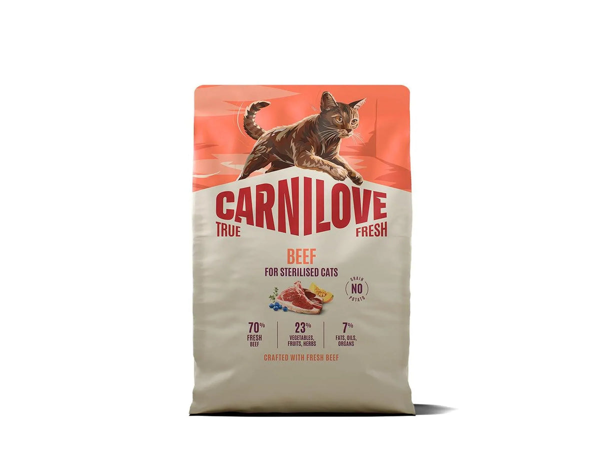 Carnilove True Fresh Beef for Sterilised Cats, a large beige bag with a brown cat and coral sky.