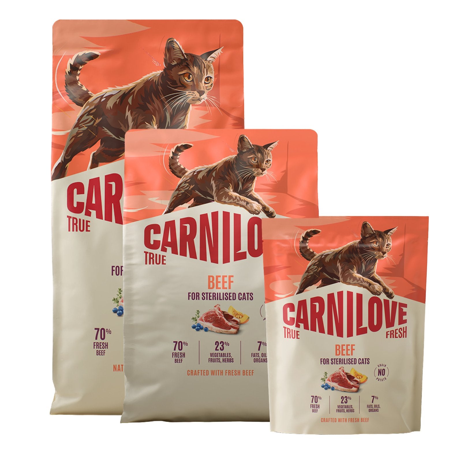 Tre Carnilove True Fresh Beef tørrfôrposer for steriliserte katter med bilde av katt og ingredienser.