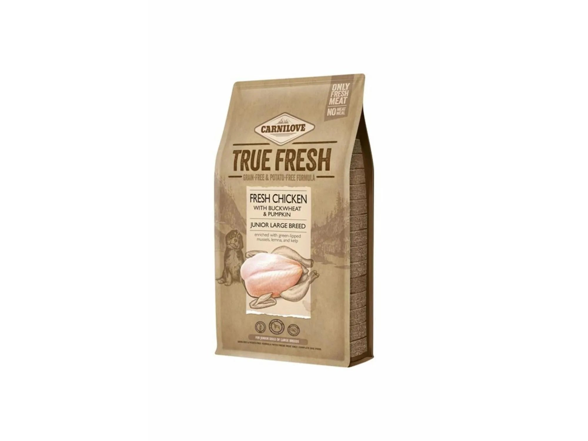 Carnilove True Fresh Chicken Junior Large Breed 1,4kg tørrfôr i brun papirpose.