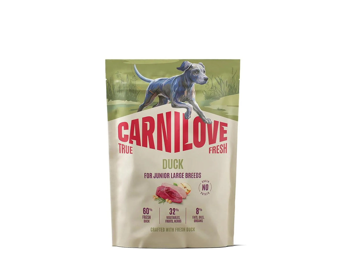 Carnilove True Fresh Duck hundefôr for junior store raser, grønn og beige pose med andebilde.