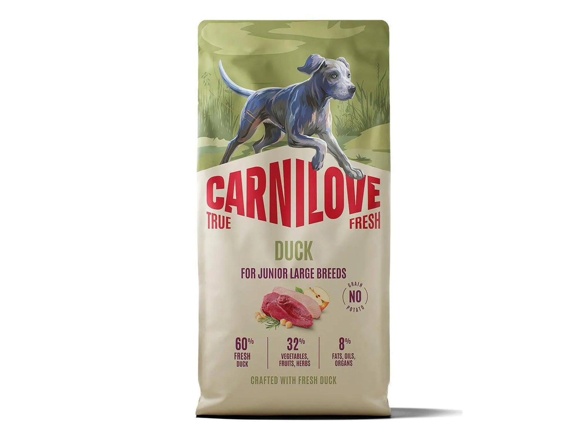 Carnilove True Fresh Duck Large Breed Junior hundefôr i grønn og beige pose med valp.