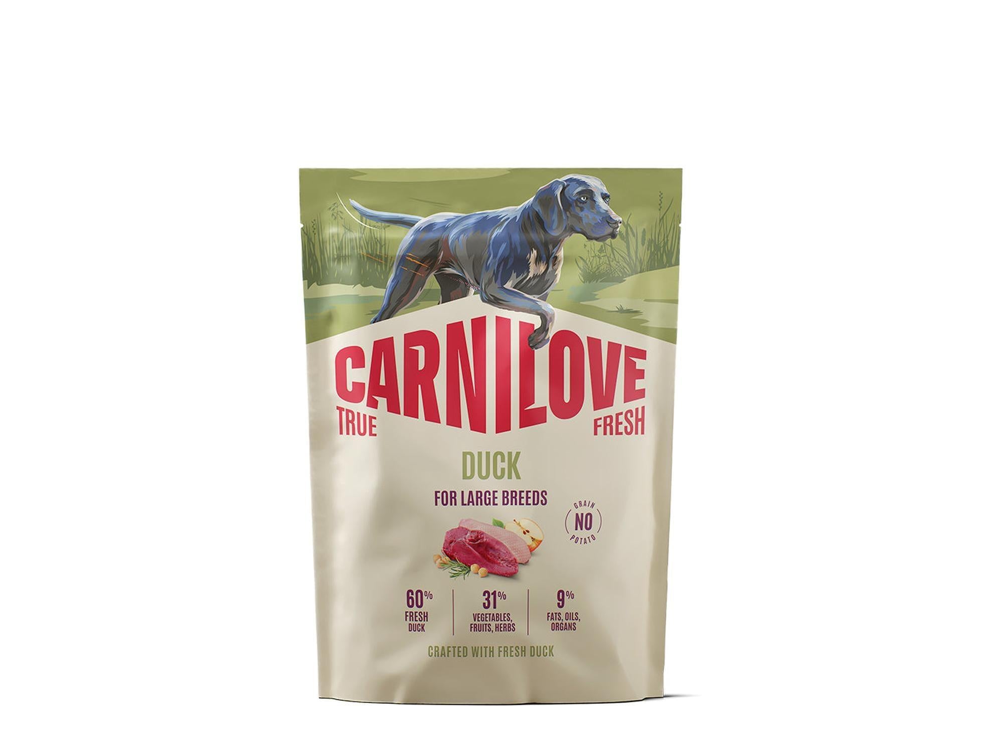 Carnilove True Fresh Duck hundefôr for store raser, beige pose med andebilde og ernæringsinfo.