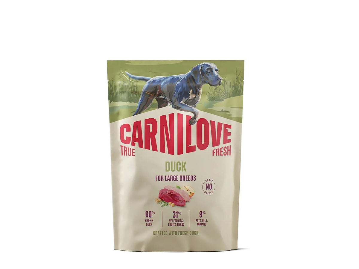 Carnilove True Fresh Duck hundefôr for store raser, beige pose med andebilde og ernæringsinfo.