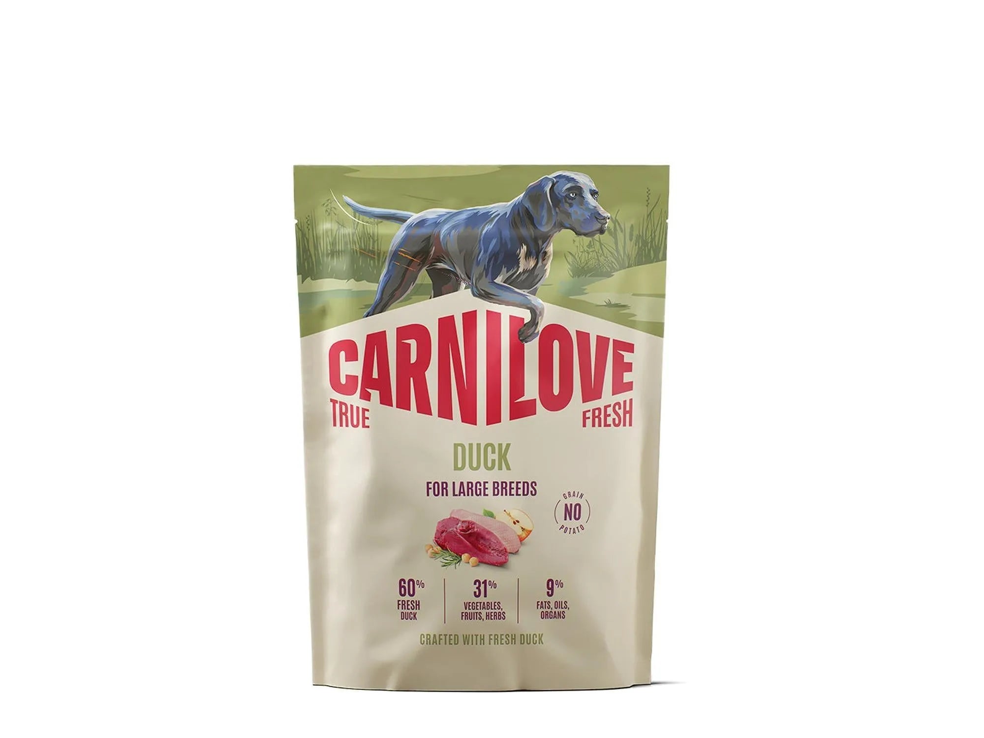 Carnilove True Fresh Duck hundefôr for store raser, beige pose med andebilde og ernæringsinfo.
