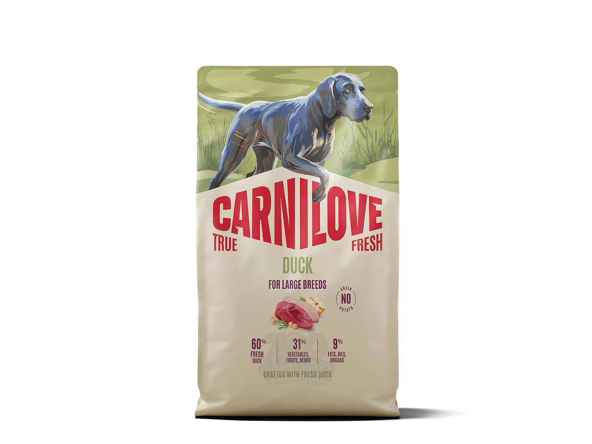 Carnilove True Fresh Duck hundefôr for store raser, hvit pose med blå hund og andekjøtt.