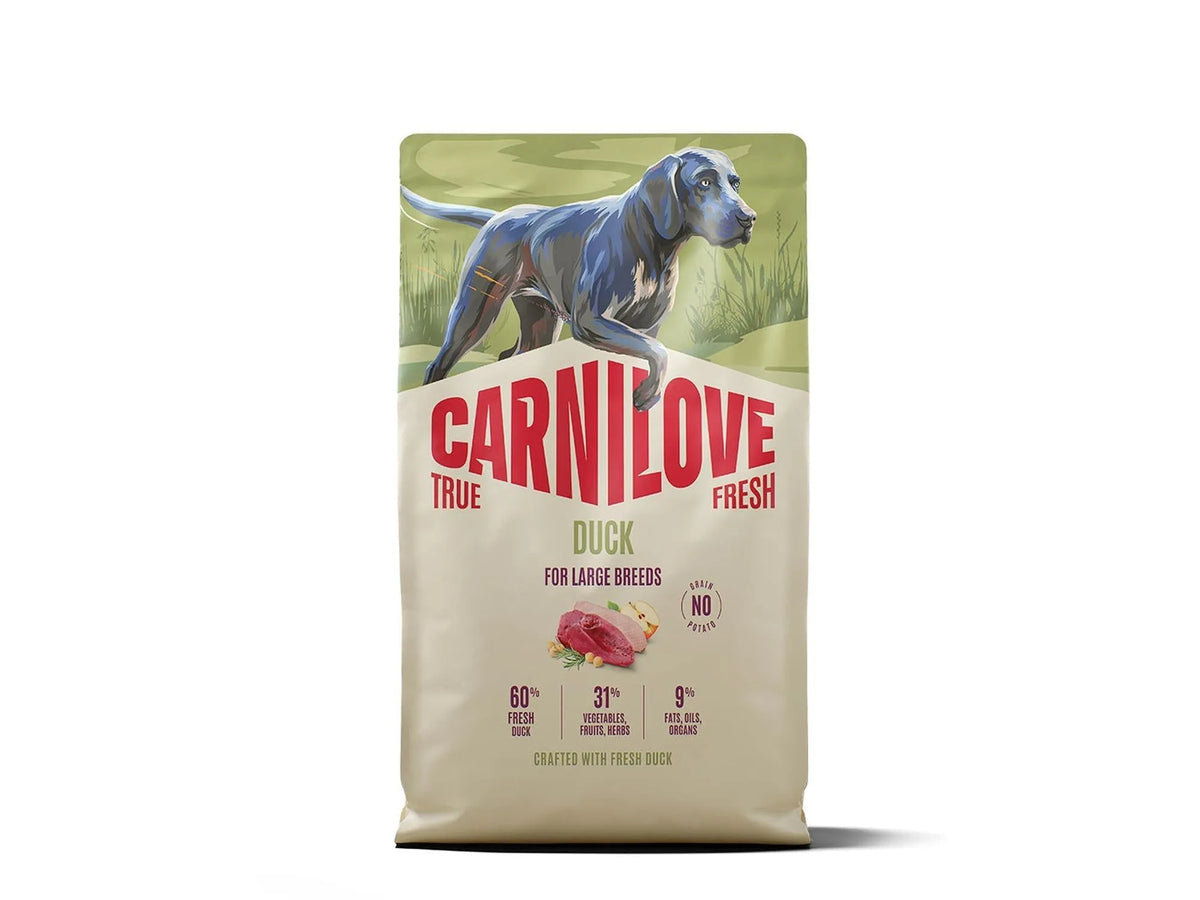 Carnilove True Fresh Duck hundefôr for store raser, hvit pose med blå hund og andekjøtt.