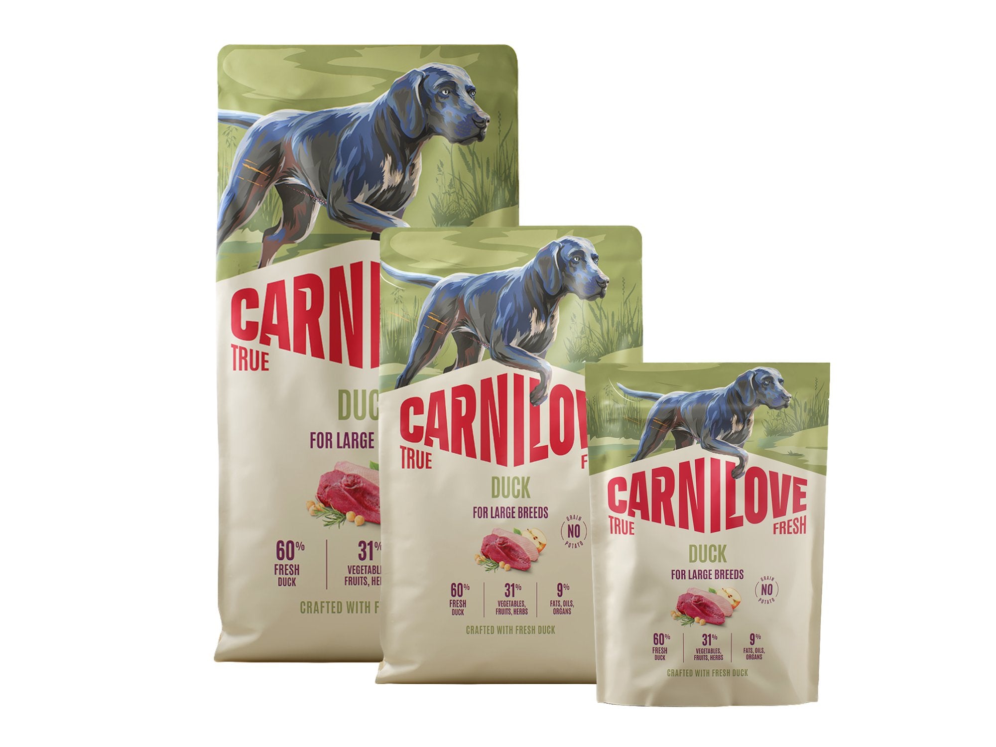 Carnilove True Fresh Duck hundefôr for store raser, tre beige poser med andekjøtt og en mørk hund.