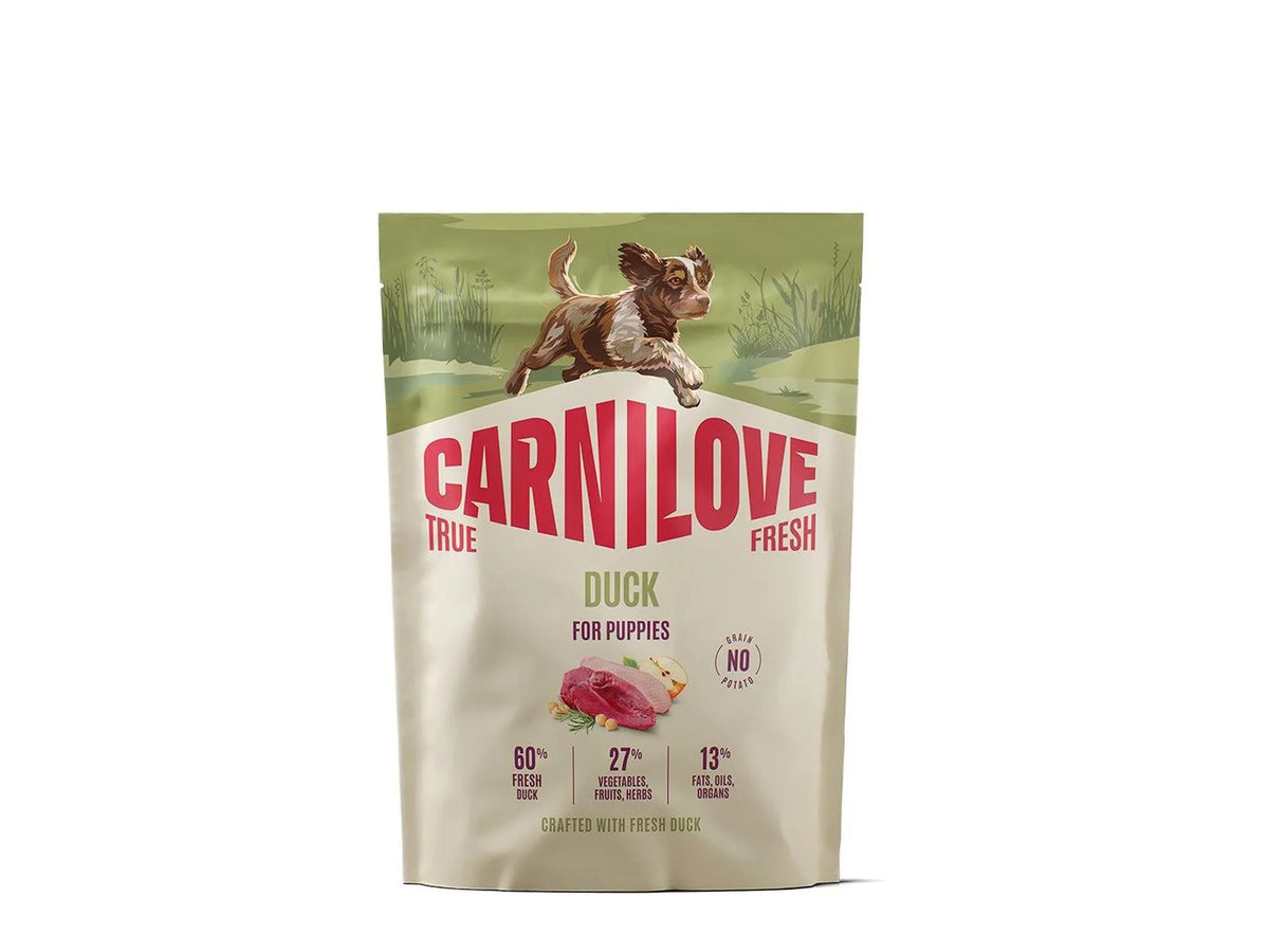 Carnilove True Fresh Duck for Puppies tørrfôrpose med valp, and, grønnsaker og frukt.