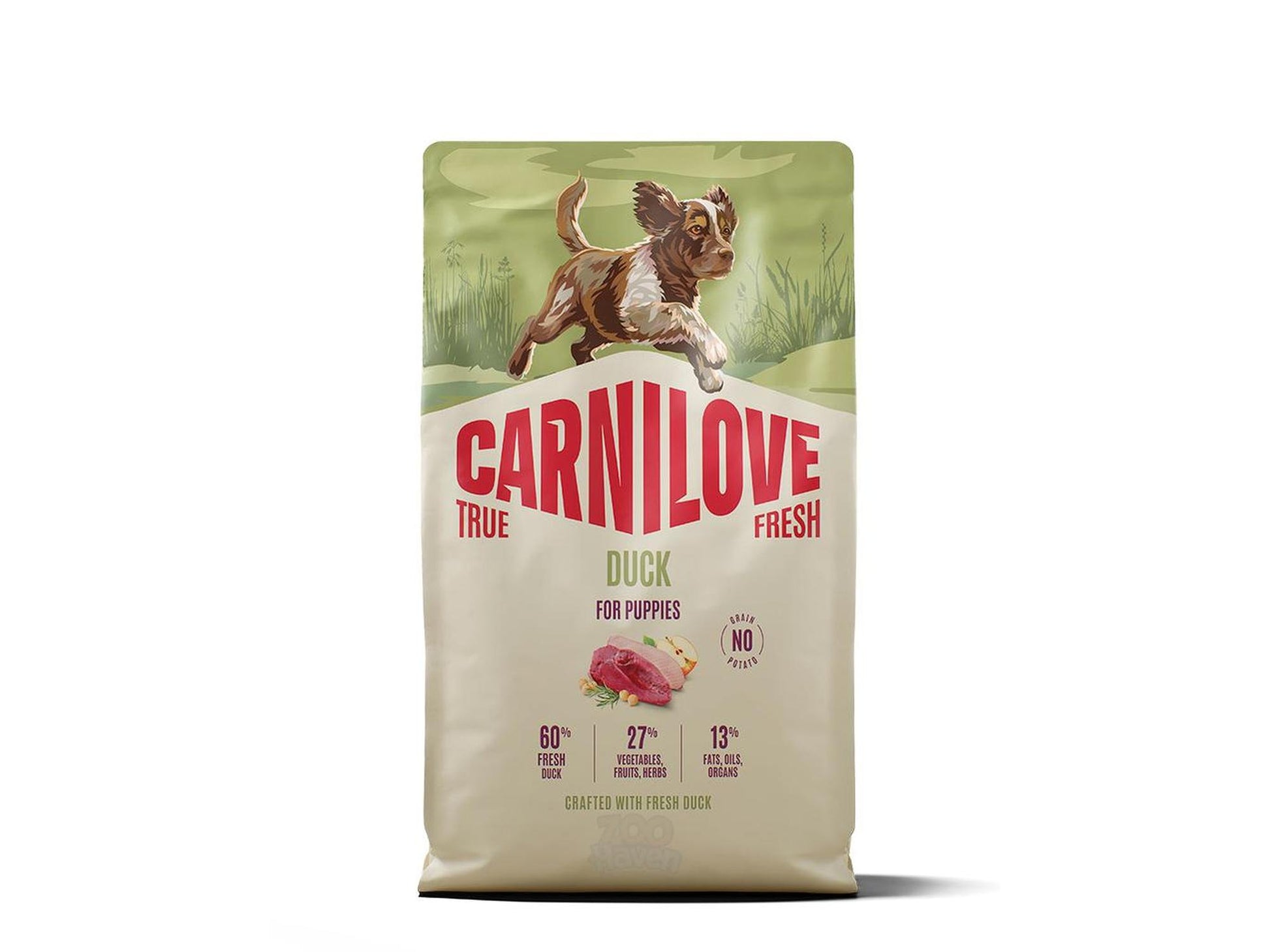 Carnilove True Fresh Duck for Puppies tørrfôrpose med valp og andekjøtt illustrasjon.