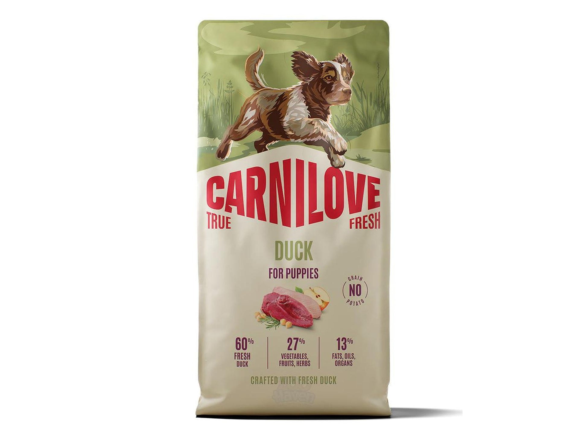 Carnilove True Fresh Duck for Puppies tørrfôrpose med valp, andekjøtt og ingredienser.