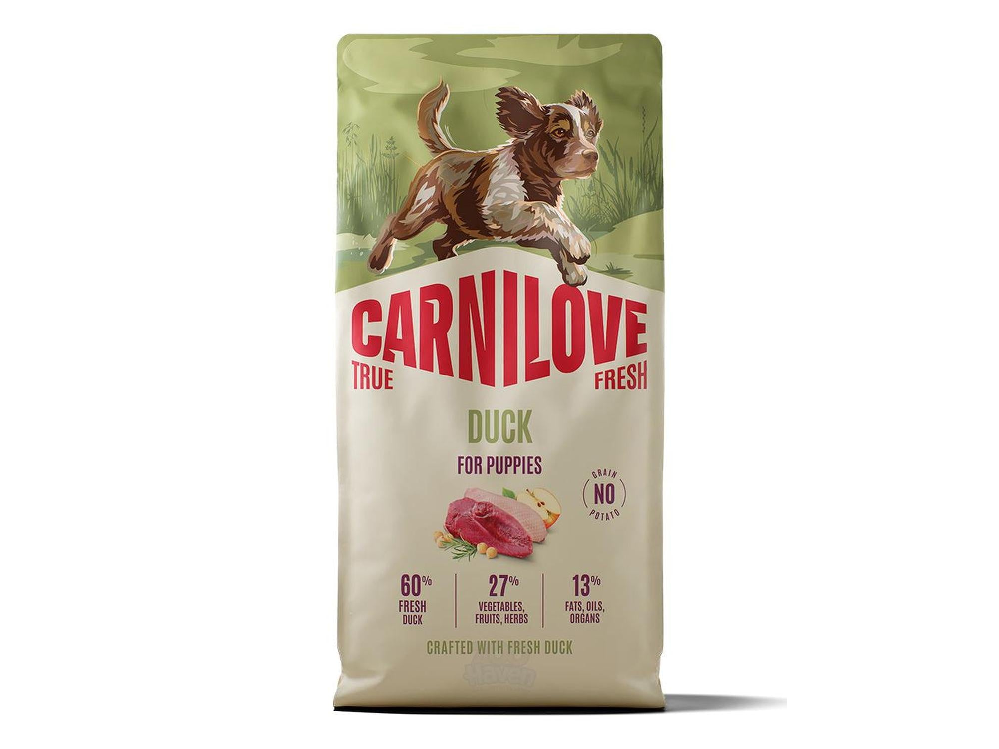 Carnilove True Fresh Duck for Puppies tørrfôrpose med valp, andekjøtt og ingredienser.