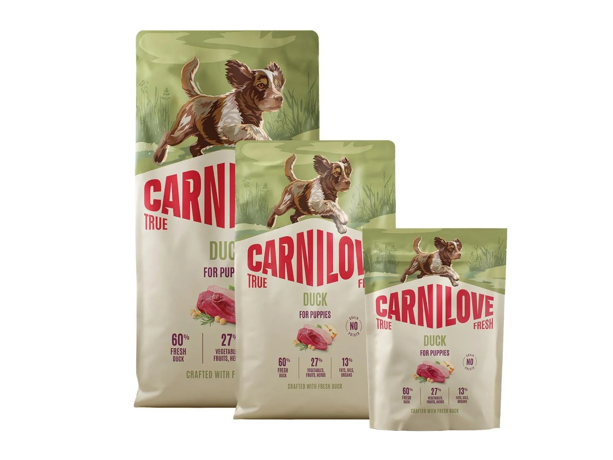 Tre poser Carnilove True Fresh Duck valpefôr i ulike størrelser, med bilde av valp og andekjøtt.