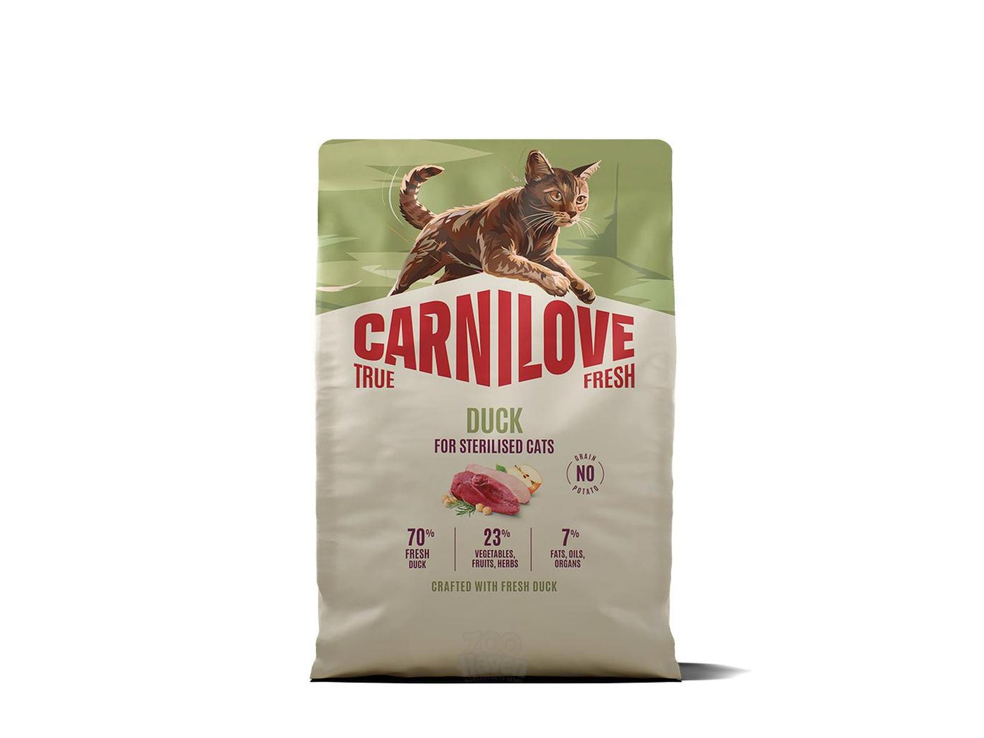Carnilove True Fresh Duck for Sterilised Adult Cats, beige bag with a brown cat and duck meat graphic.