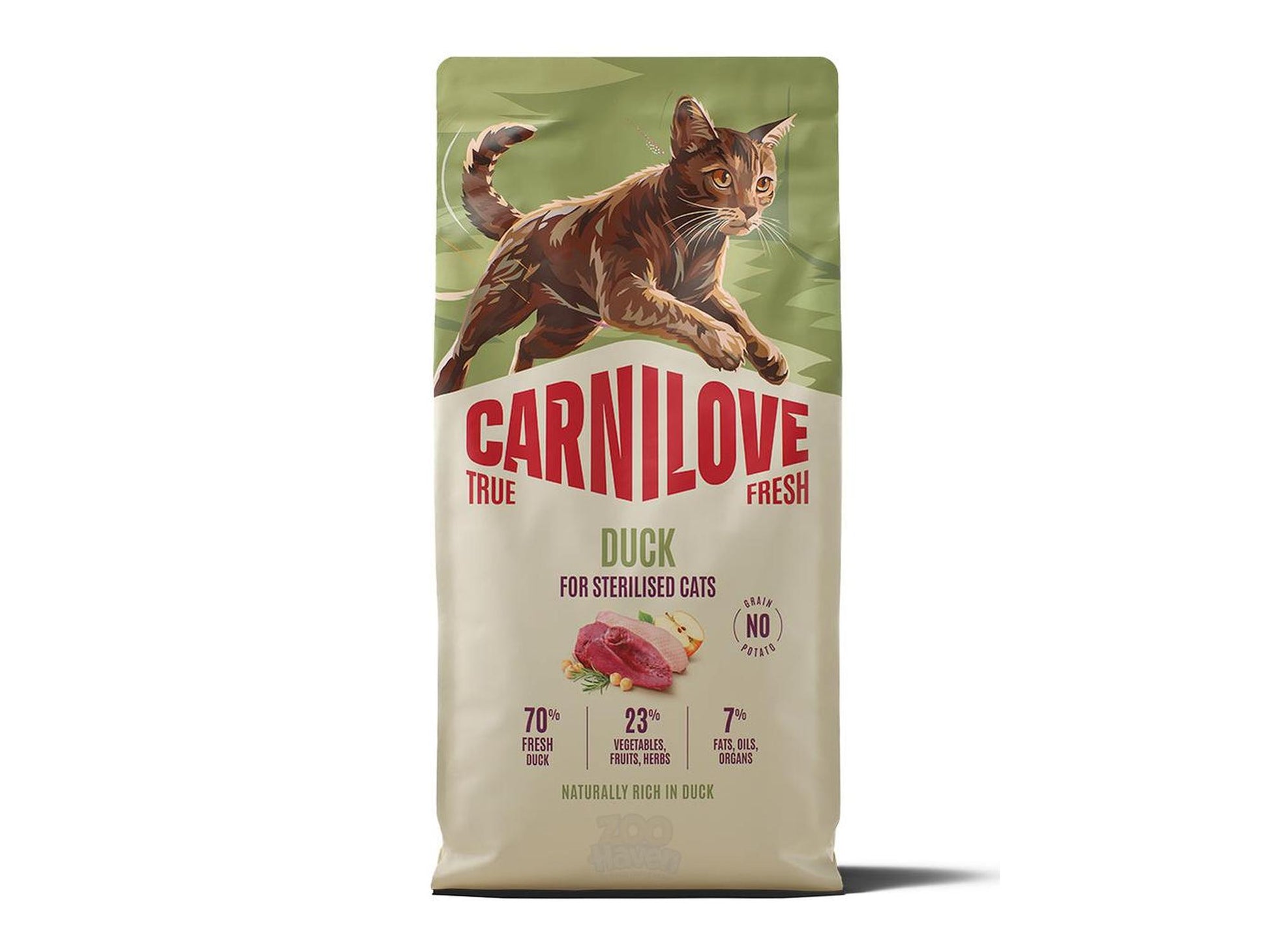 Carnilove True Fresh Duck tørrfôr for steriliserte katter, med illustrasjon av katt og and.