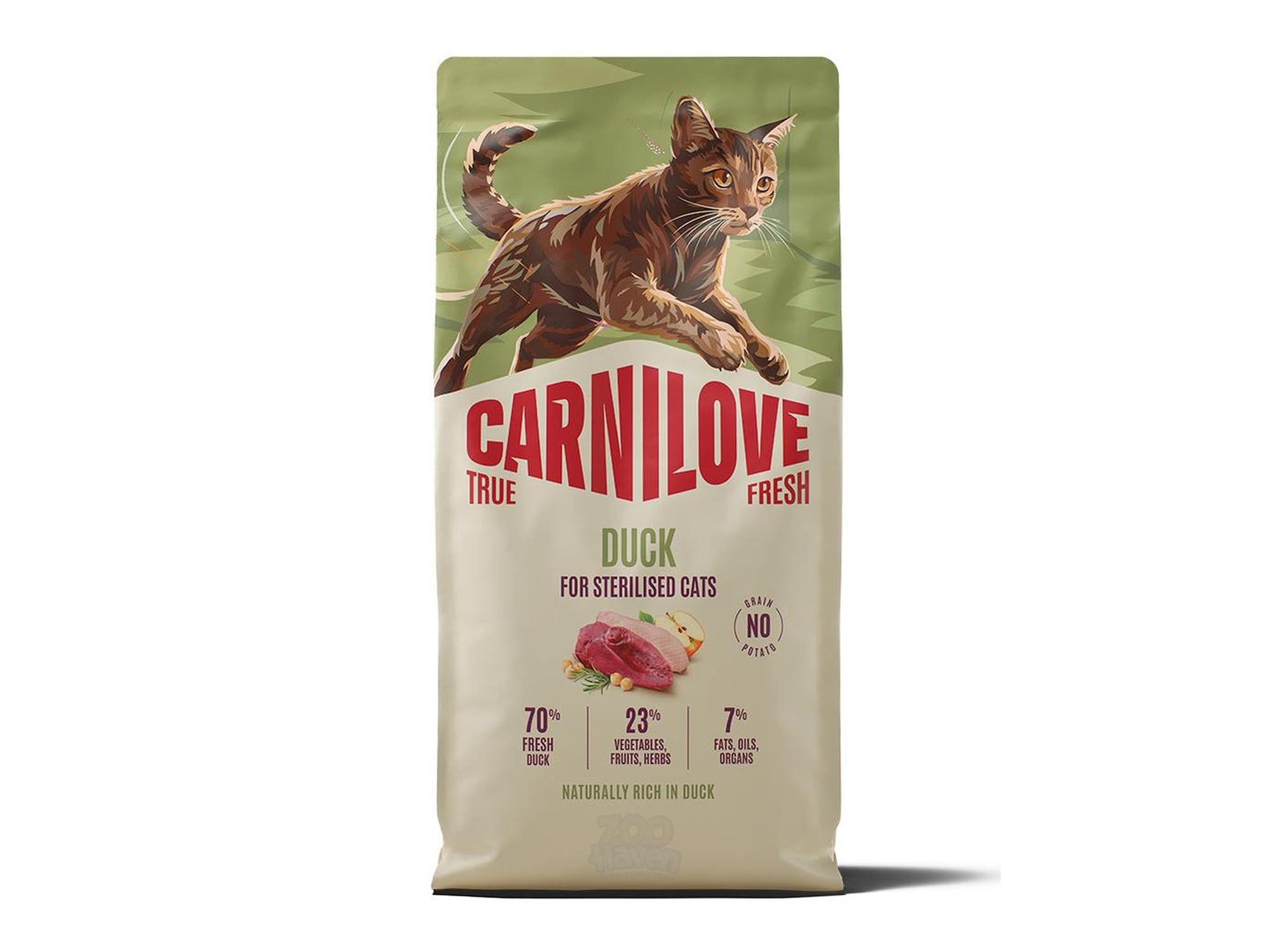 Carnilove True Fresh Duck tørrfôr for steriliserte katter, med illustrasjon av katt og and.