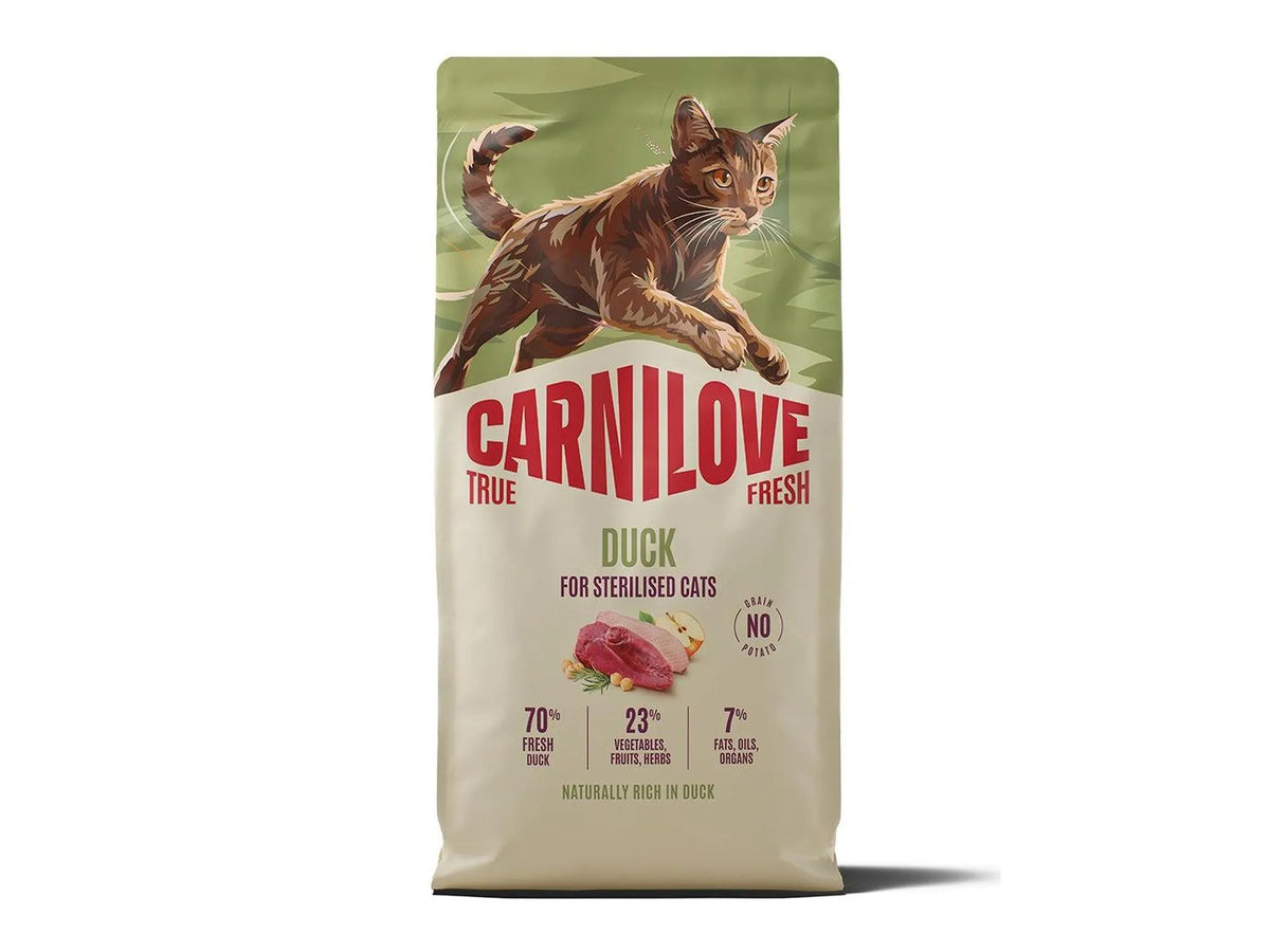 Carnilove True Fresh Duck tørrfôr for steriliserte katter, med illustrasjon av katt og and.
