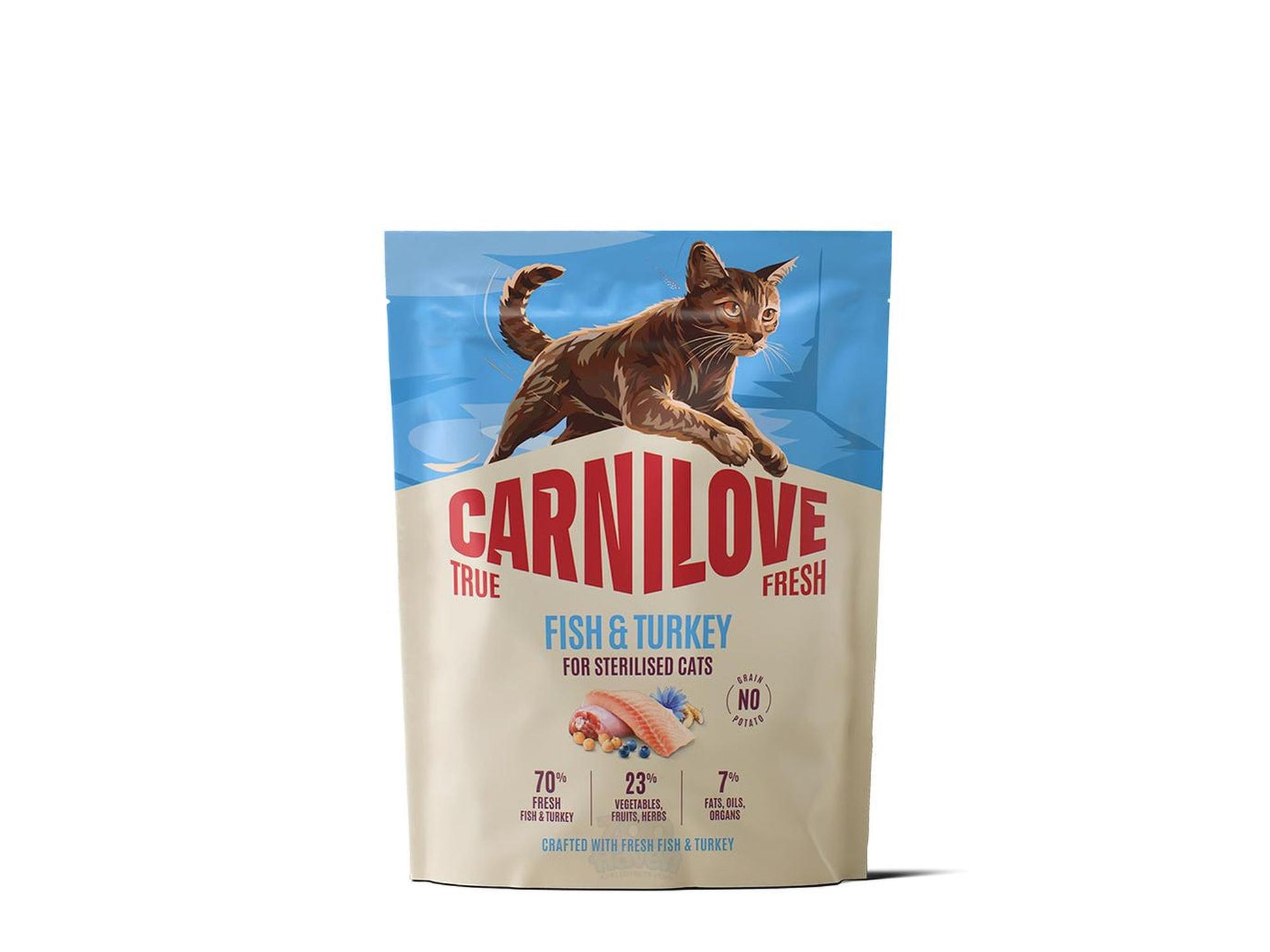 Carnilove True Fresh Fish & Turkey tørrfôr for steriliserte katter, beige pose med brun katt.