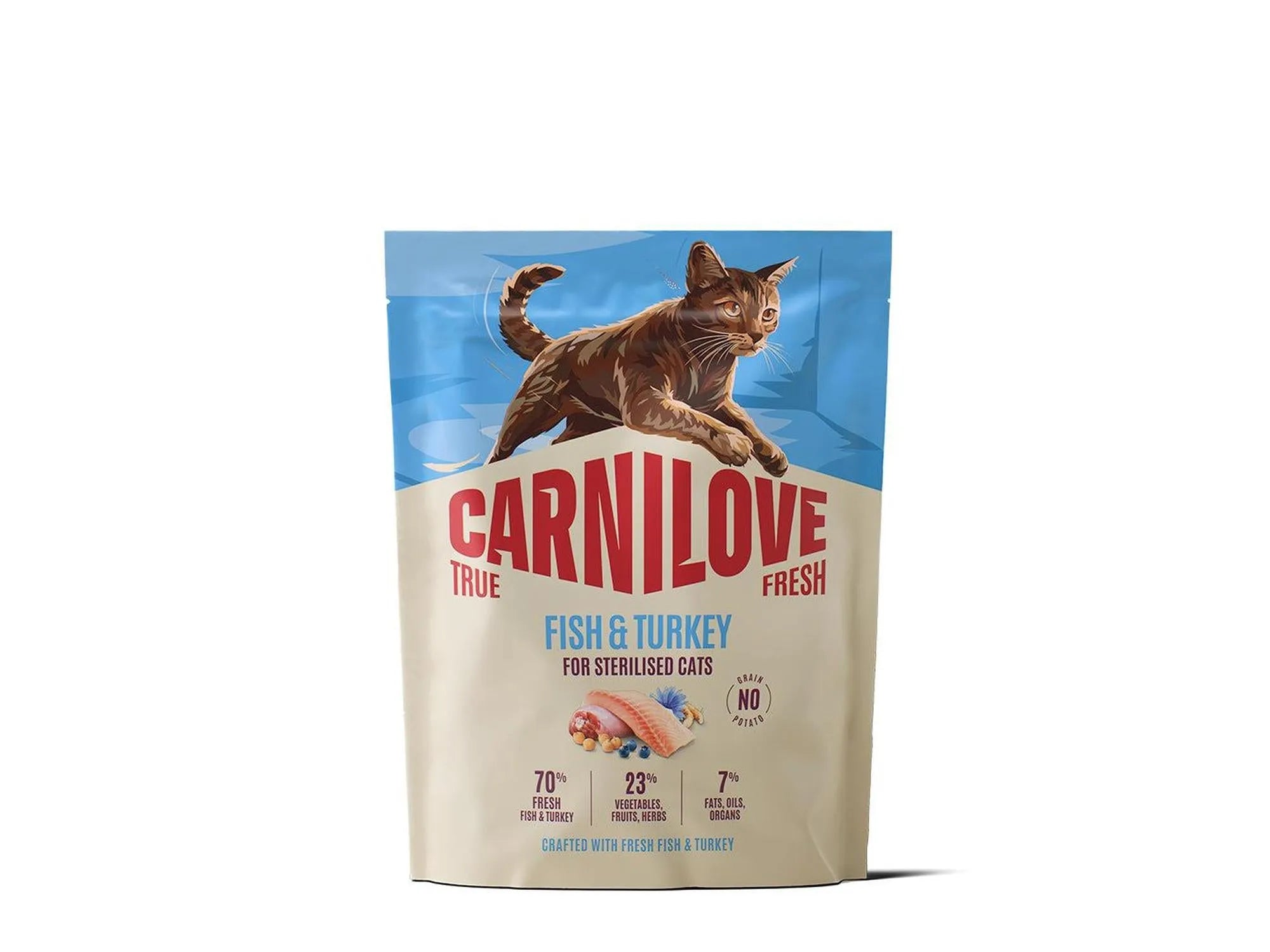 Carnilove True Fresh Fish & Turkey tørrfôr for steriliserte katter, beige pose med brun katt.