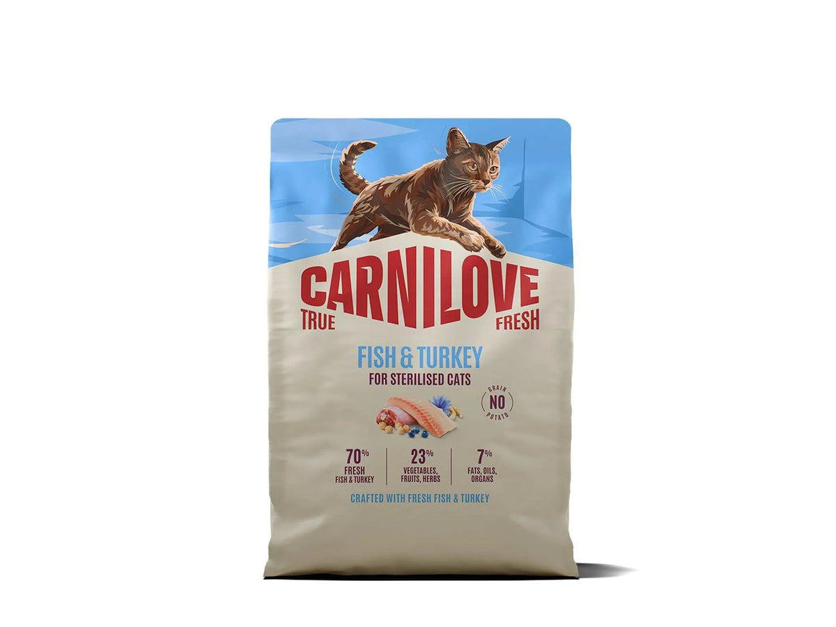 Carnilove True Fresh Fish & Turkey cat food bag for sterilised adult cats, with a brown cat graphic.