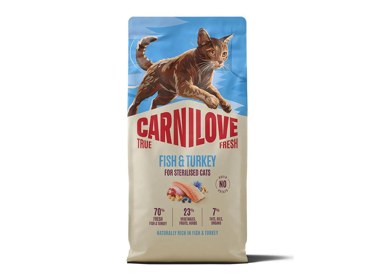Carnilove True Fresh Fish & Turkey cat food bag with a brown cat, fish, and vegetables.