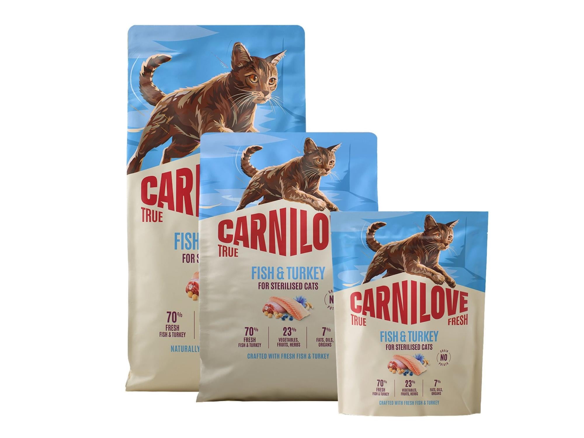 Three Carnilove True Fresh Fish & Turkey cat food bags for sterilized cats, varying sizes, with a brown tabby cat illustration.
