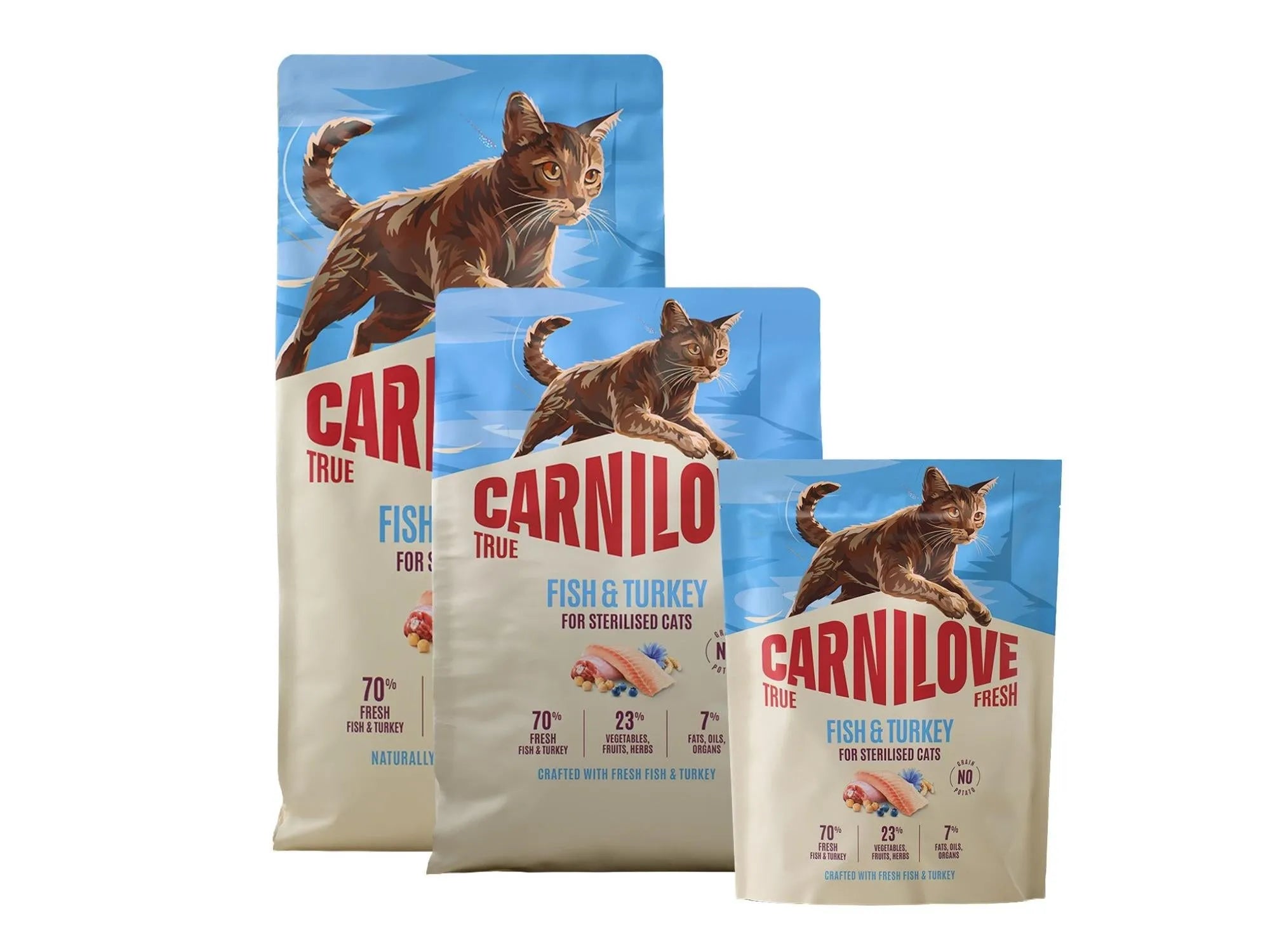 Three Carnilove True Fresh Fish & Turkey cat food bags for sterilized cats, varying sizes, with a brown tabby cat illustration.