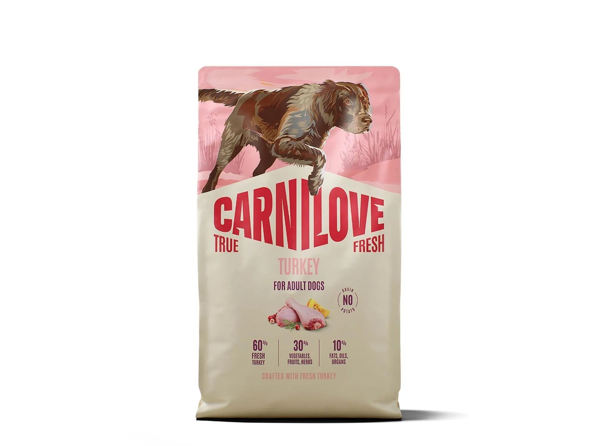 Carnilove True Fresh Turkey hundefôr i lyserosa og beige pose med brun hund og kalkunbryst.