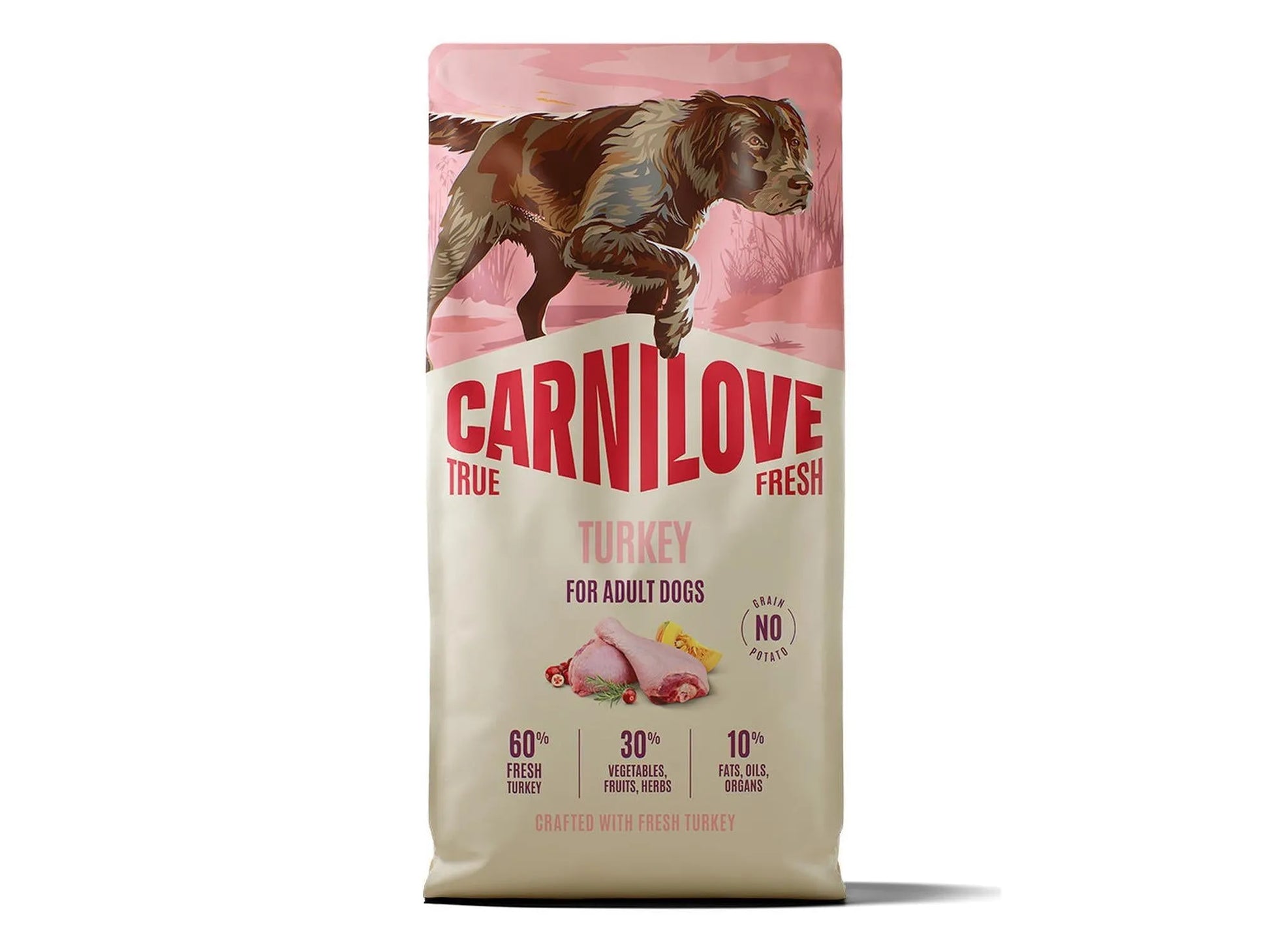 Carnilove True Fresh Turkey hundefôr i en hvit og rosa pose med bilde av en hund og kalkunlår.