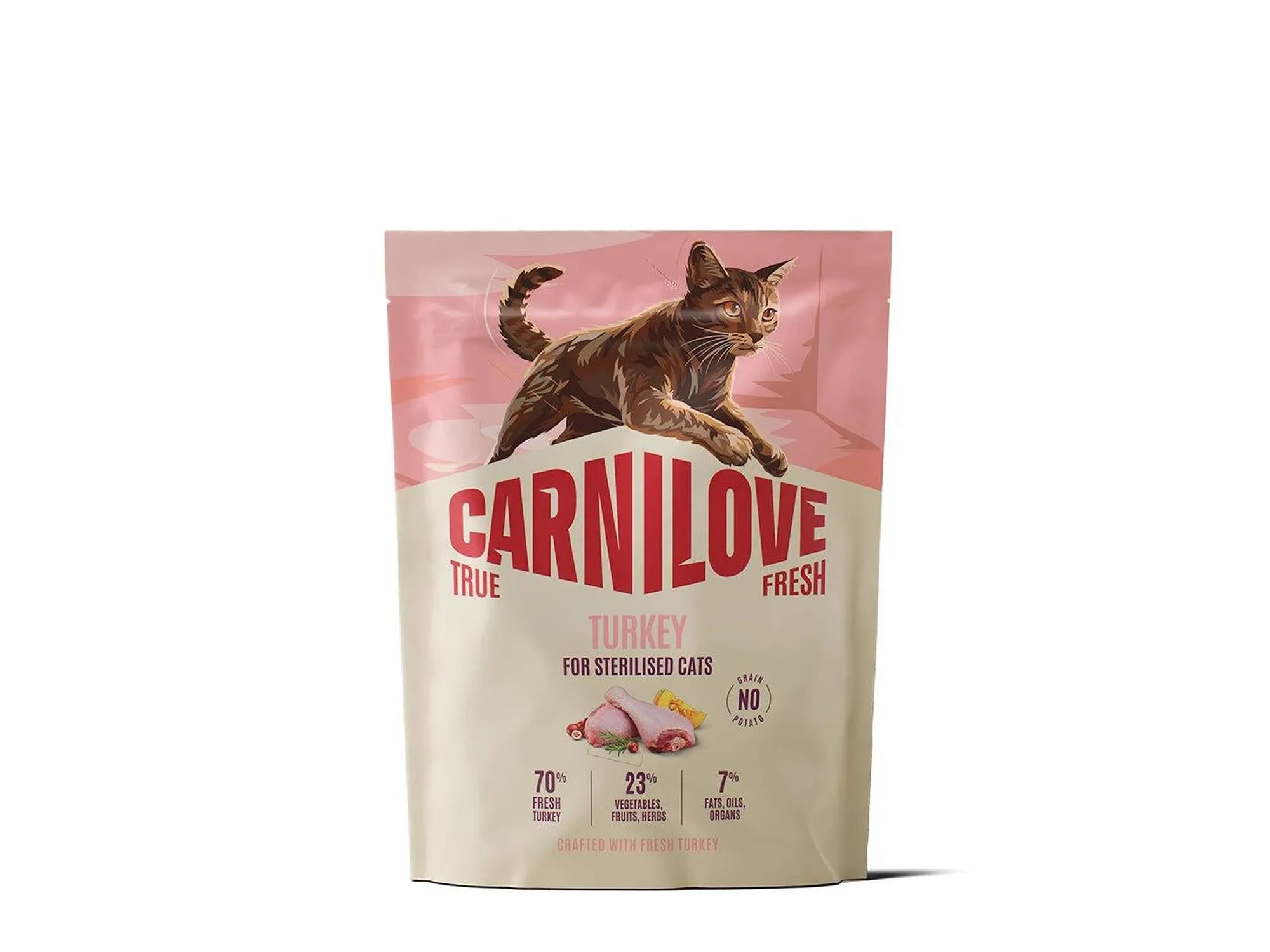 Carnilove True Fresh Turkey for Sterilised Cats, light pink and beige pouch with a brown cat.