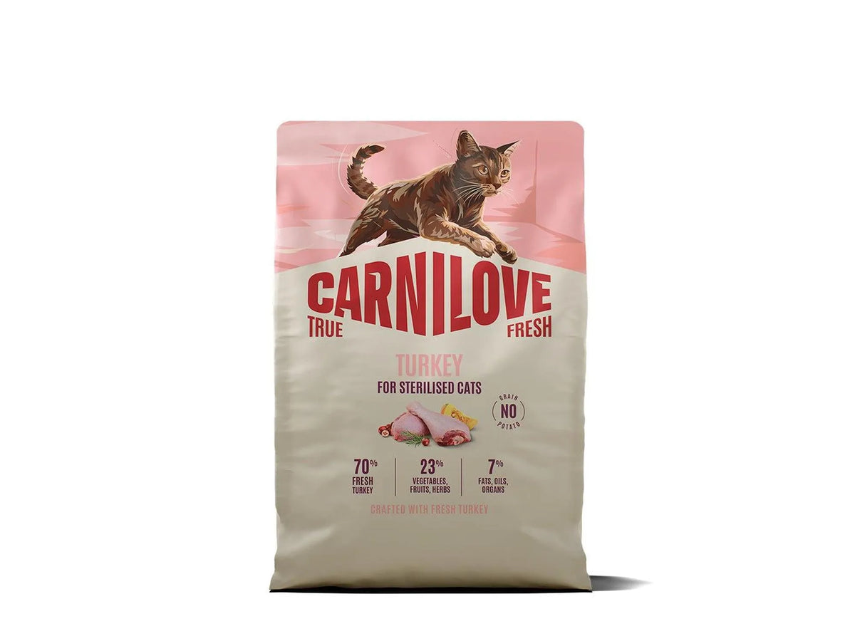 Carnilove True Fresh Turkey for Sterilised Cats, light beige bag with a brown cat and turkey meat.