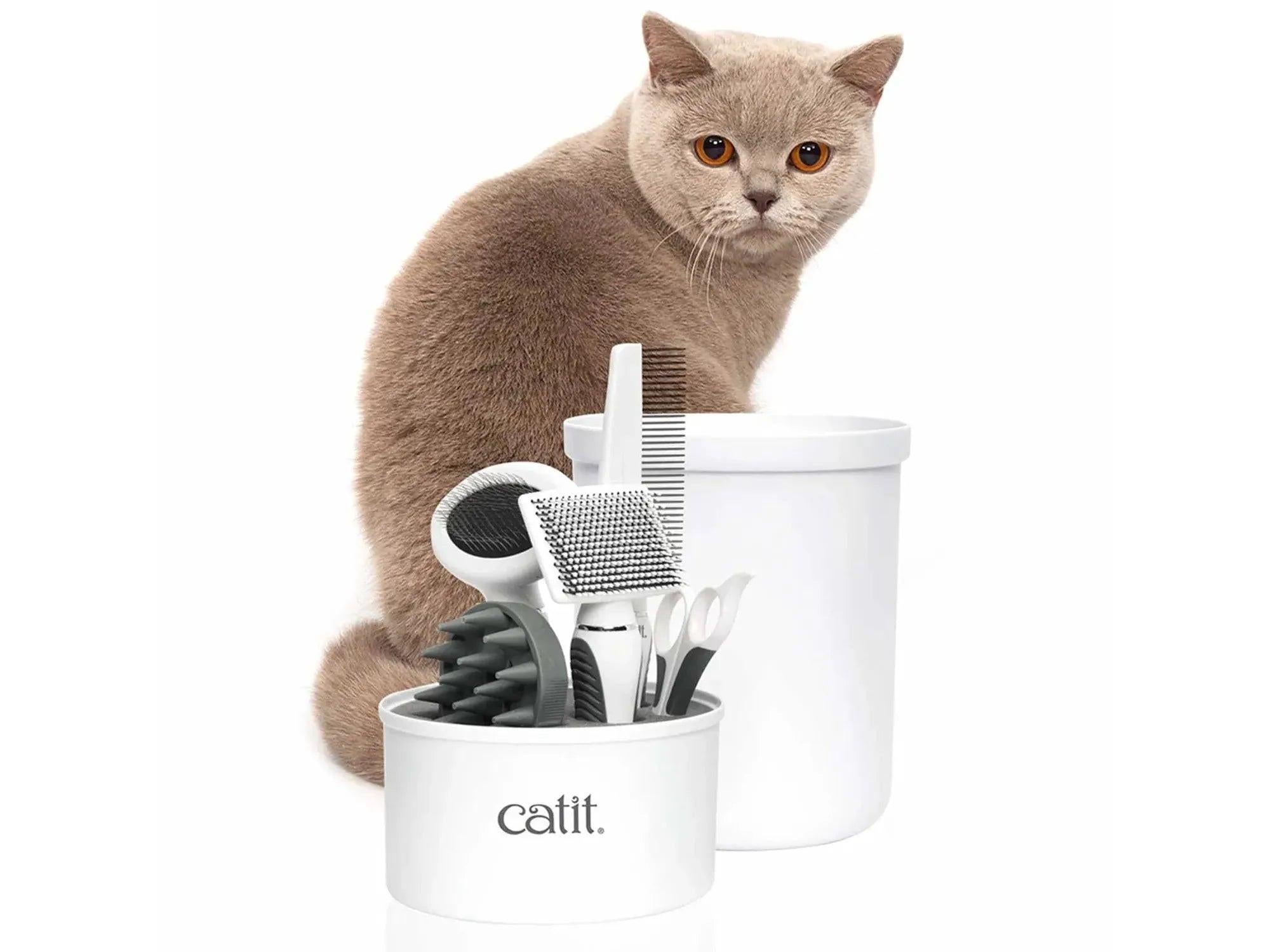 Catit Grooming Kit for korthåret katt med hvite og grå børster, kam, saks og kloklipper i en hvit beholder, med en brun katt bak.