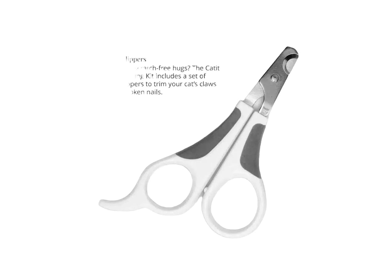 Grå og hvit Catit buet klosaks for katter, med ergonomisk grep for enkel kloklipp.