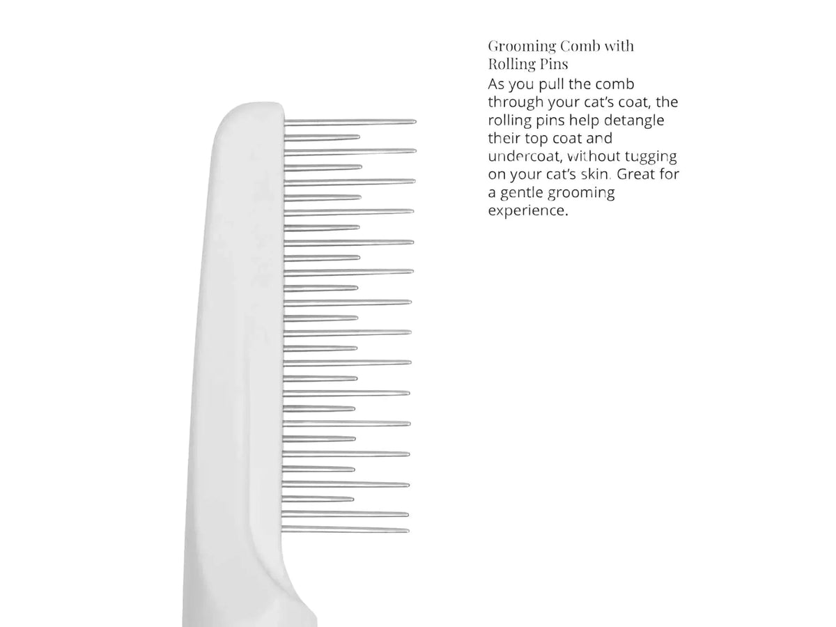 Hvit Catit grooming kam med rullende metallpinner for langhåret katt.