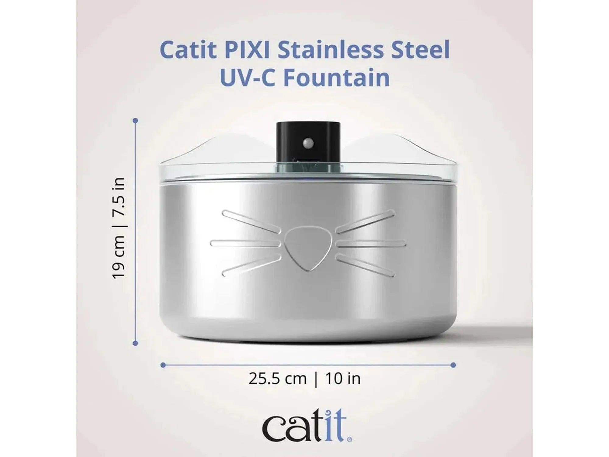 Catit PIXI drikkefontene i rustfritt stål med katteformet design, UV-C teknologi og angitte mål på 25,5 x 19 cm.